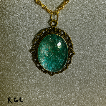 Teal Glitter Resin Cabochon Pendant in Ornate Bronze Setting R66