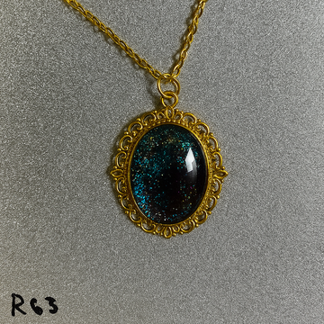 Teal and Burgundy Cosmic Glitter Pendant in Ornate Gold Frame R63
