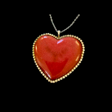 Red Resin Shimmering Heart with Rhinestone Trim w/ chain