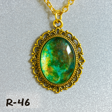 Verdigris and Gold Abstract Resin Pendant Necklace R46