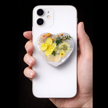 Pressed Flower Heart Phone Grip- Yellow Floral (Pop-It Style)