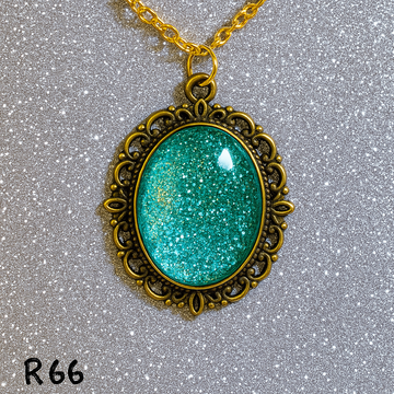 Teal Glitter Resin Cabochon Pendant in Ornate Bronze Setting R66