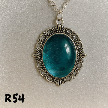 Vibrant Teal Glitter Cabochon Pendant in Ornate Bronze Setting R54