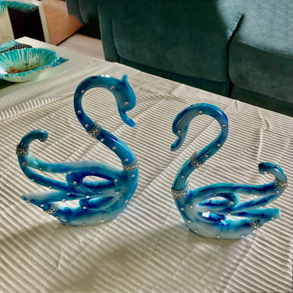 Pair of Aqua Blue Marbled Swan Wall Sconces with Glitter Accents