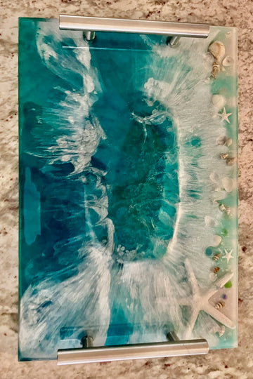 Ocean Wave Resin Serving Tray with Real Seashells and Starfish