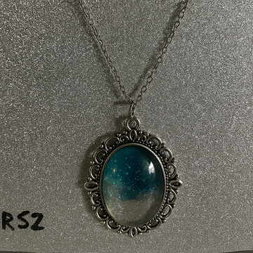 Icy Teal and Silver Beach Gradient Pendant in Ornate Silver Frame R52