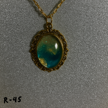 Deep Teal and Gold Glitter Ocean Resin Pendant Necklace R45