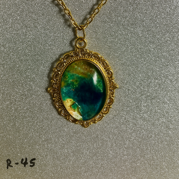 Deep Teal and White Cosmic Swirl Pendant in Antique Silver Frame R45