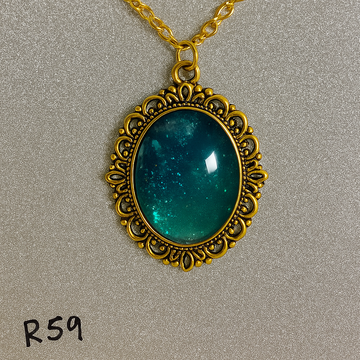 Deep Teal Ocean Resin Pendant in Ornate Gold Frame R59