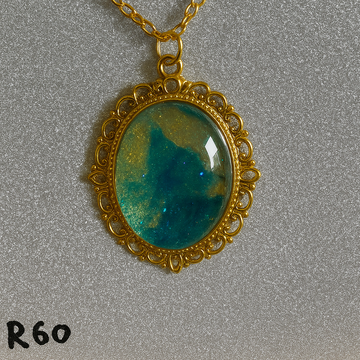 Gilded Deep Teal Abstract Resin Pendant in Ornate Gold Frame R60