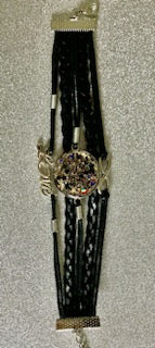 Black Leather Multi-Strand Bracelet with Mosaic Mandala Medallion
