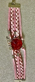 Boho Pink Braided Cord Crab Charm Bracelet with Amber-Red Gem