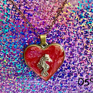 Bronze Seahorse Red Glitter Heart Necklace (059)