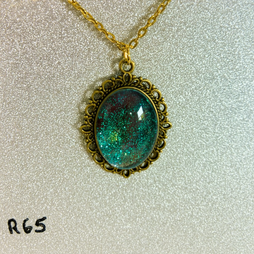 Deep Sea Aqua Glitter Resin Pendant in Ornate Silver Frame R45