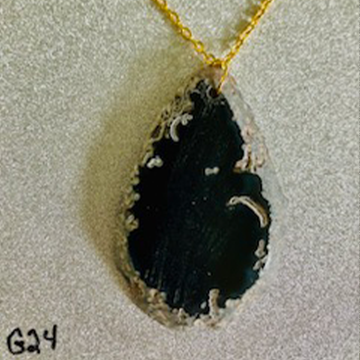 Dramatic Black Agate Slice Pendant with Natural Geode Edge (Gold Chain)