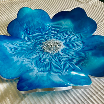 Electric Blue Bloom Resin Decorative Bowl with Silver Accents