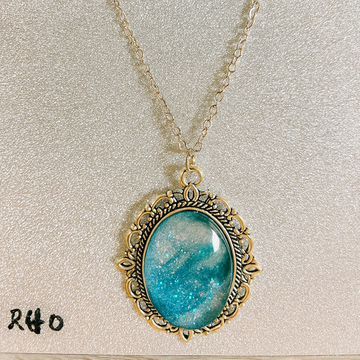 Emerald and Teal Nebula Glitter Pendant in Antique Bronze Setting R40