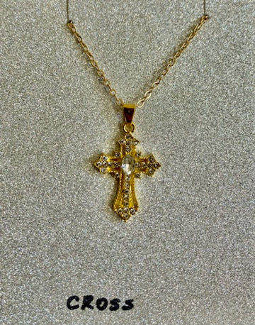 Gold-Tone Ornate Crystal Cross Pendant Necklace