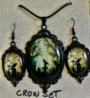 Gothic Graveyard Crow Pendant Necklace & Earring Set - Spooky Halloween Jewelry