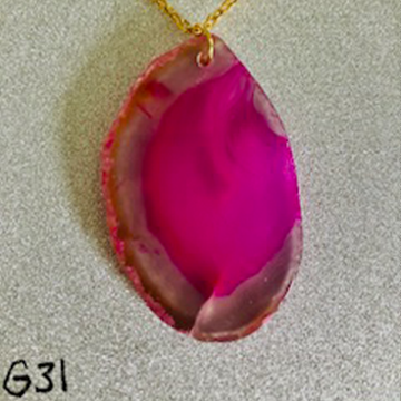 Intense Fuchsia Agate Slice Pendant with Natural Edging (Gold Chain)