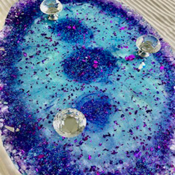 Jewel Tone Blue and Violet Sparkle Resin Display Stand with Crystal Feet