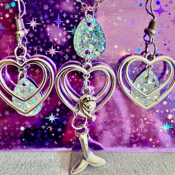 Mermaid Heart Charm & Iridescent Drop Jewelry Set (018)