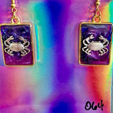 Purple Glitter Zodiac Cancer Crab Drop Earrings (064)