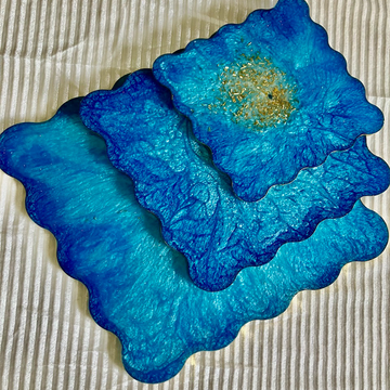 Set of 3 Ocean Blue Resin Art Coasters & Trinket Dish