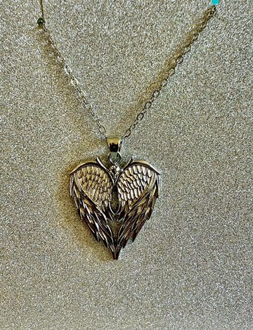 Silver Angel Wings Heart Pendant Necklace - Memorial & Protection Jewelry