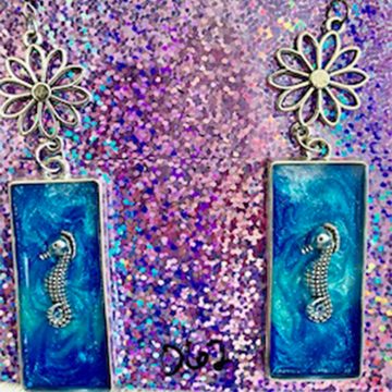 Silver Flower and Seahorse Resin Drop Earrings (062)