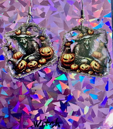Spooky Hag Witch and Jack-o'-Lantern Halloween Dangle Earrings