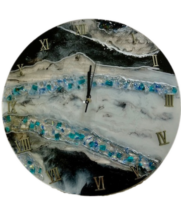 Handmade Resin Wall Clock with Geode Crystal Design – Black, White & Blue Accents