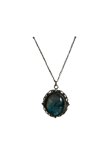 Antique Silver Galaxy Resin Pendant Necklace with Teal and Glitter Effects