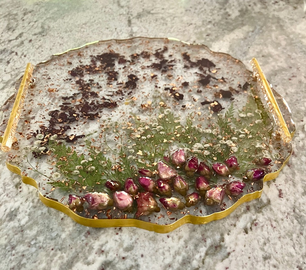 Handmade Pressed Floral Resin Scalloped Tray/Coaster with Rose Gold Flakes