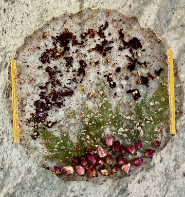 Handmade Pressed Floral Resin Scalloped Tray/Coaster with Rose Gold Flakes