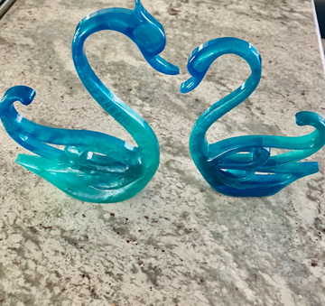 Resin Swan Pair Sculpture - Teal & Blue Love Heart Figurines